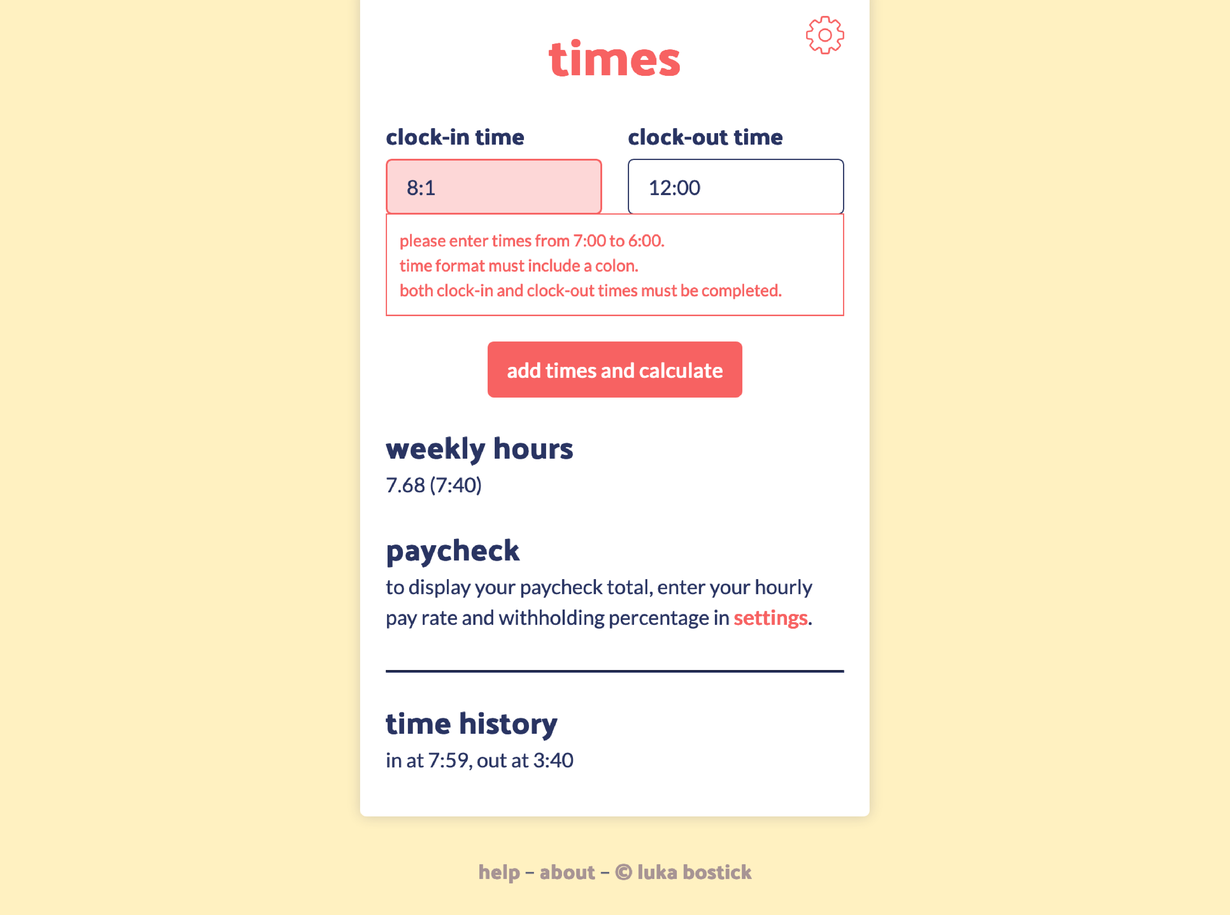 preview of times with input error message